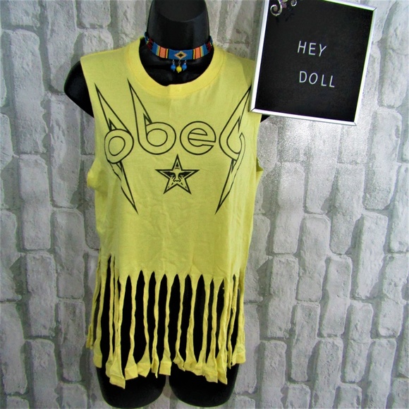 Obey Tops - Obey Fringe Crop Yellow Top Small